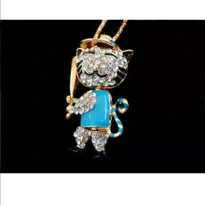 Rhinestone Blue Baseball Player Cat Necklace
